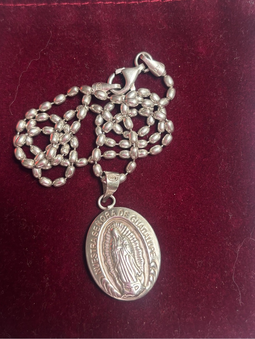 Sterling Silver Virgin Mary Pendant Necklace - Red